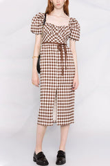 Vestido midi vintage de cuadros vichy con escote cuadrado y mangas abullonadas - Marrón