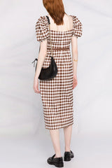 Vestido midi vintage de cuadros vichy con escote cuadrado y mangas abullonadas - Marrón