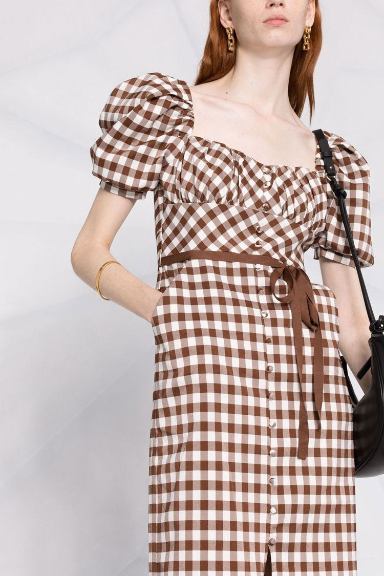 Vestido midi vintage de cuadros vichy con escote cuadrado y mangas abullonadas - Marrón