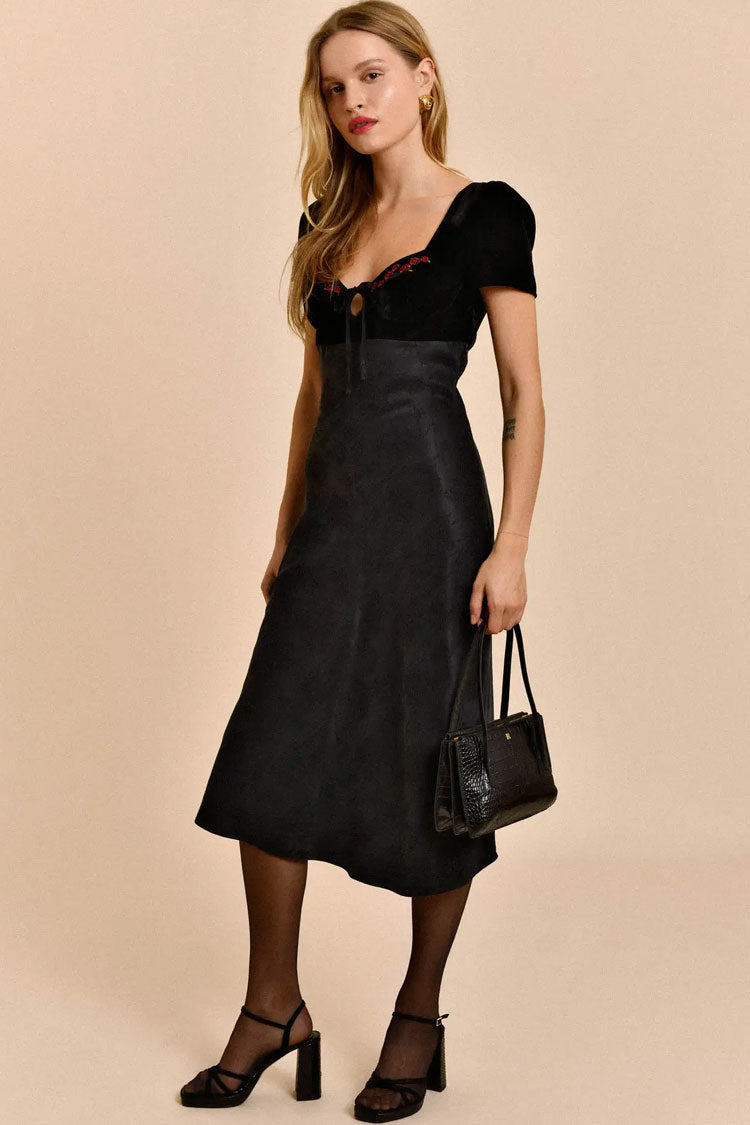 Vestido midi de terciopelo bicolor con mangas abullonadas y bordado de rosas vintage - Negro