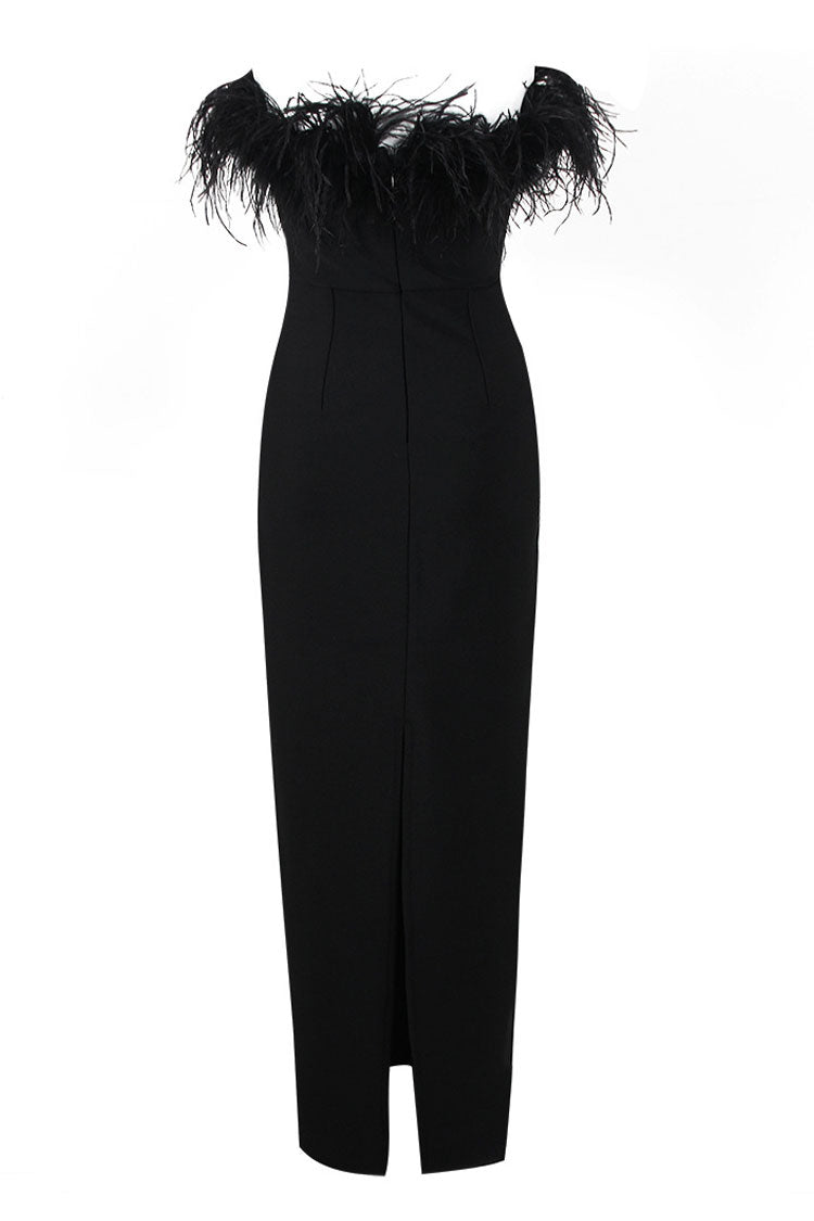 Vestido largo vintage de punto con escote corazón, sin tirantes y ribete de plumas - Negro
