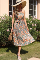 Vestido midi vintage plisado con espalda anudada y estampado floral - Floral