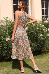 Vestido midi vintage plisado con espalda anudada y estampado floral - Floral