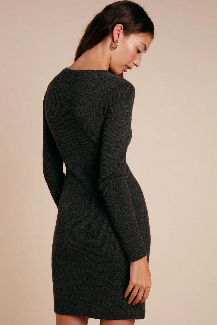 Vintage V Neck Halter Button Long Sleeve Fitted Sweater Mini Dress - Black