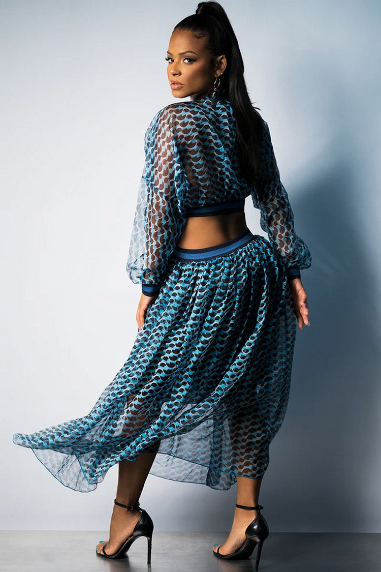 Wave Print Cutout Long Sleeve High Neck Pleated Maxi Dress - Blue