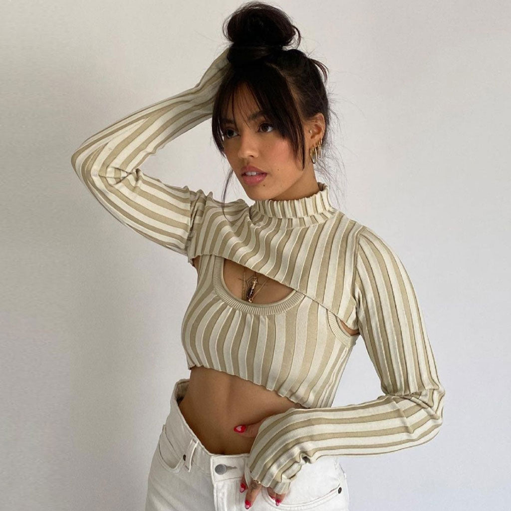 Weird Striped High Neck Long Sleeve Crop Sweater - Apricot