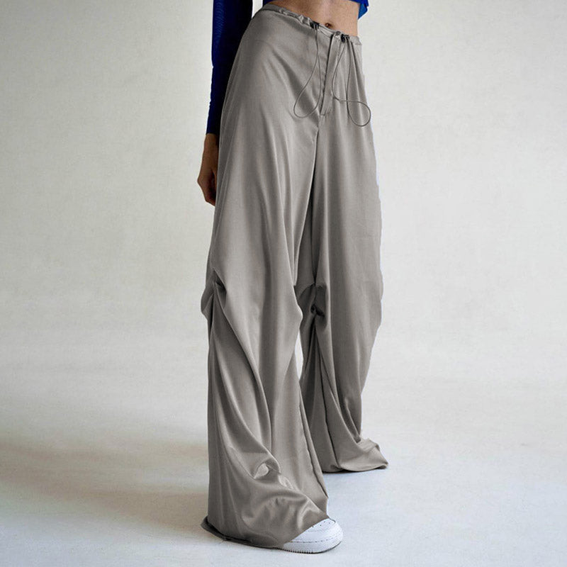 Pantalones anchos de satén con cintura baja y cordón ajustable - Gris