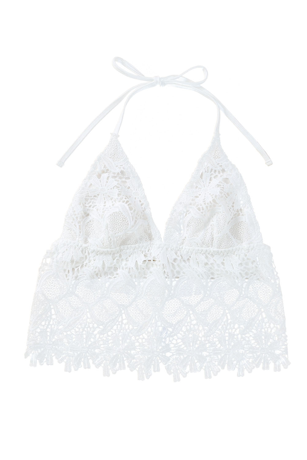 Bralette de crochet con encaje floral blanco y cuello halter sin espalda