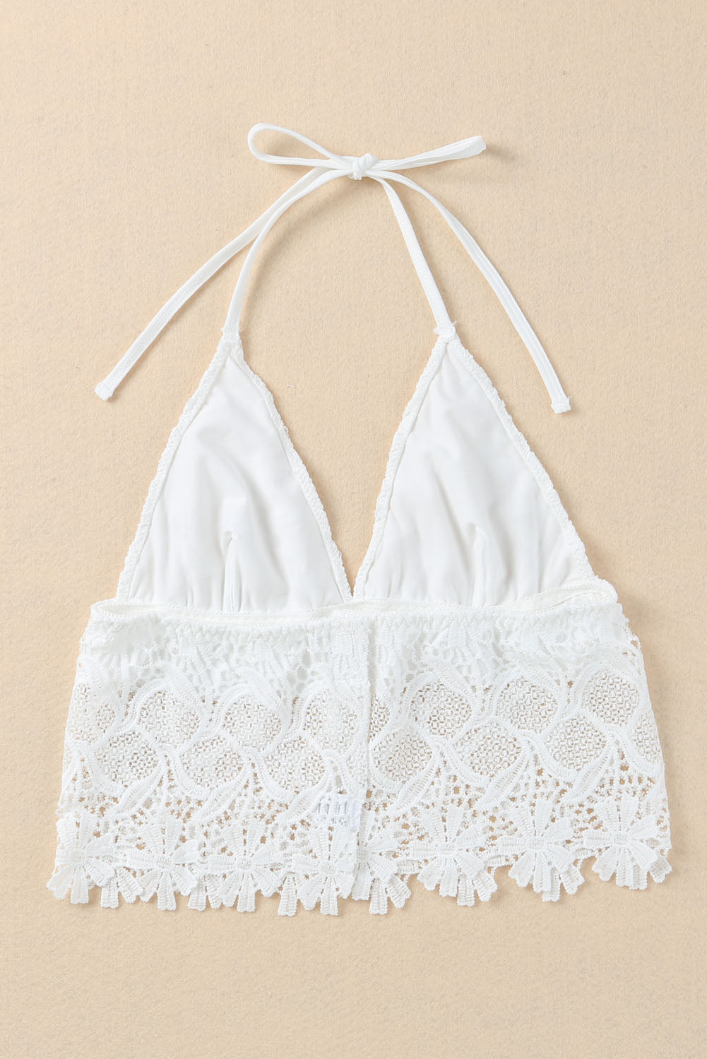 Bralette de crochet con encaje floral blanco y cuello halter sin espalda