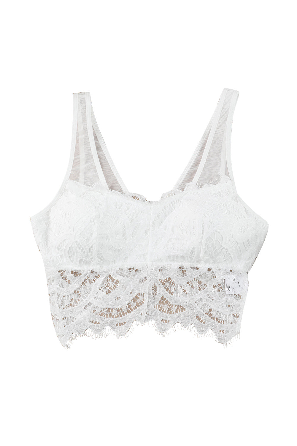 Weißes Bralette mit Blumenspitze, Netzstoff und Häkelarbeit und breiten Trägern sowie V-Ausschnitt