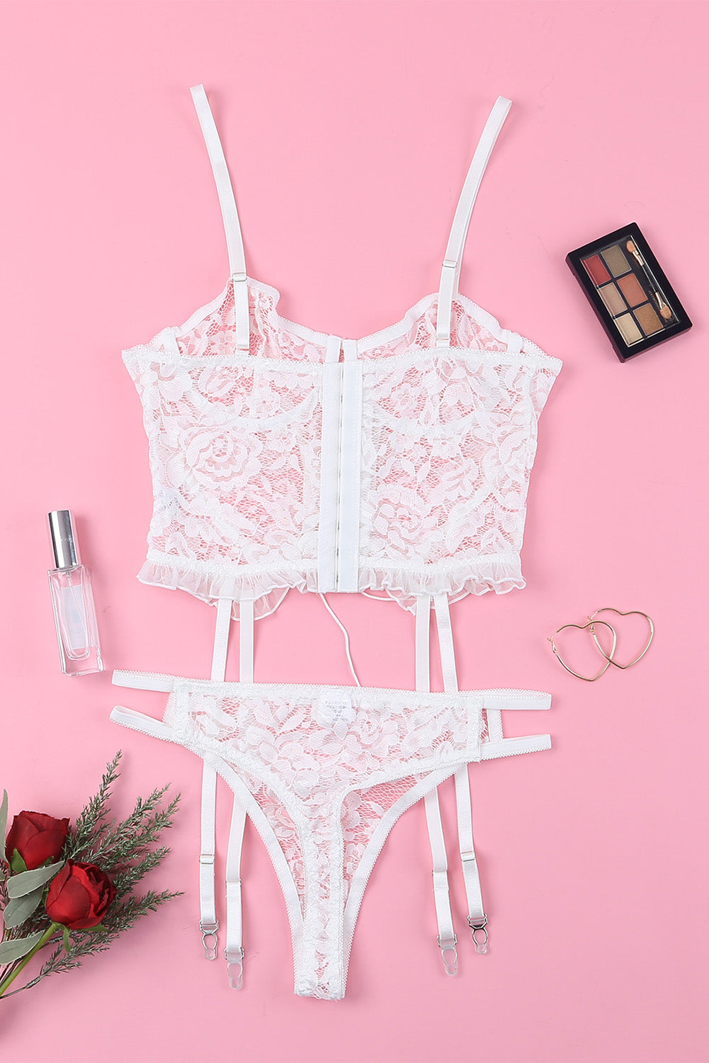 White Lace Criss Cross Lace Up Ruffled Two Piece Lingerie Set Fiel Shop 9154