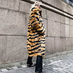 Animal Print Open Front Collared Teddy Trench Coat - Tiger