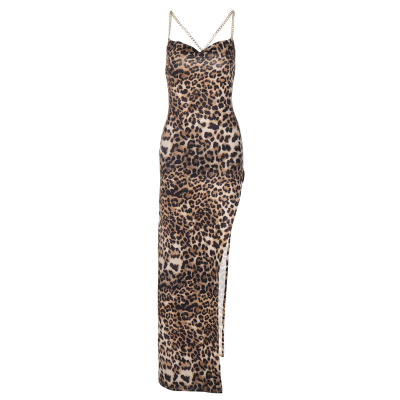 Printed High Slit Cowl Neck Cross Chain Backless Maxi Dress - Leopard