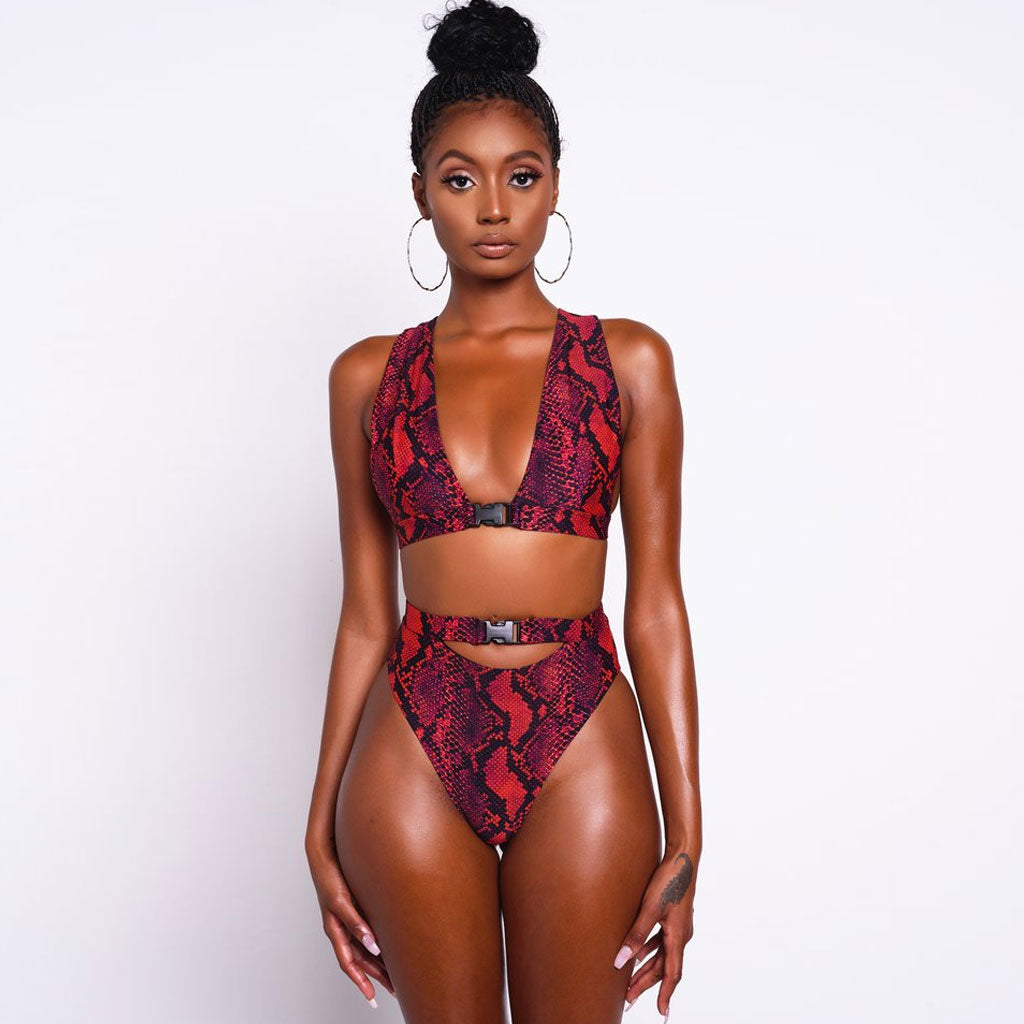 Snake Printed High Waist High Cut Triangle Thong Bikini Set - Red