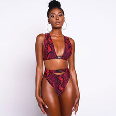 Snake Printed High Waist High Cut Triangle Thong Bikini Set - Red