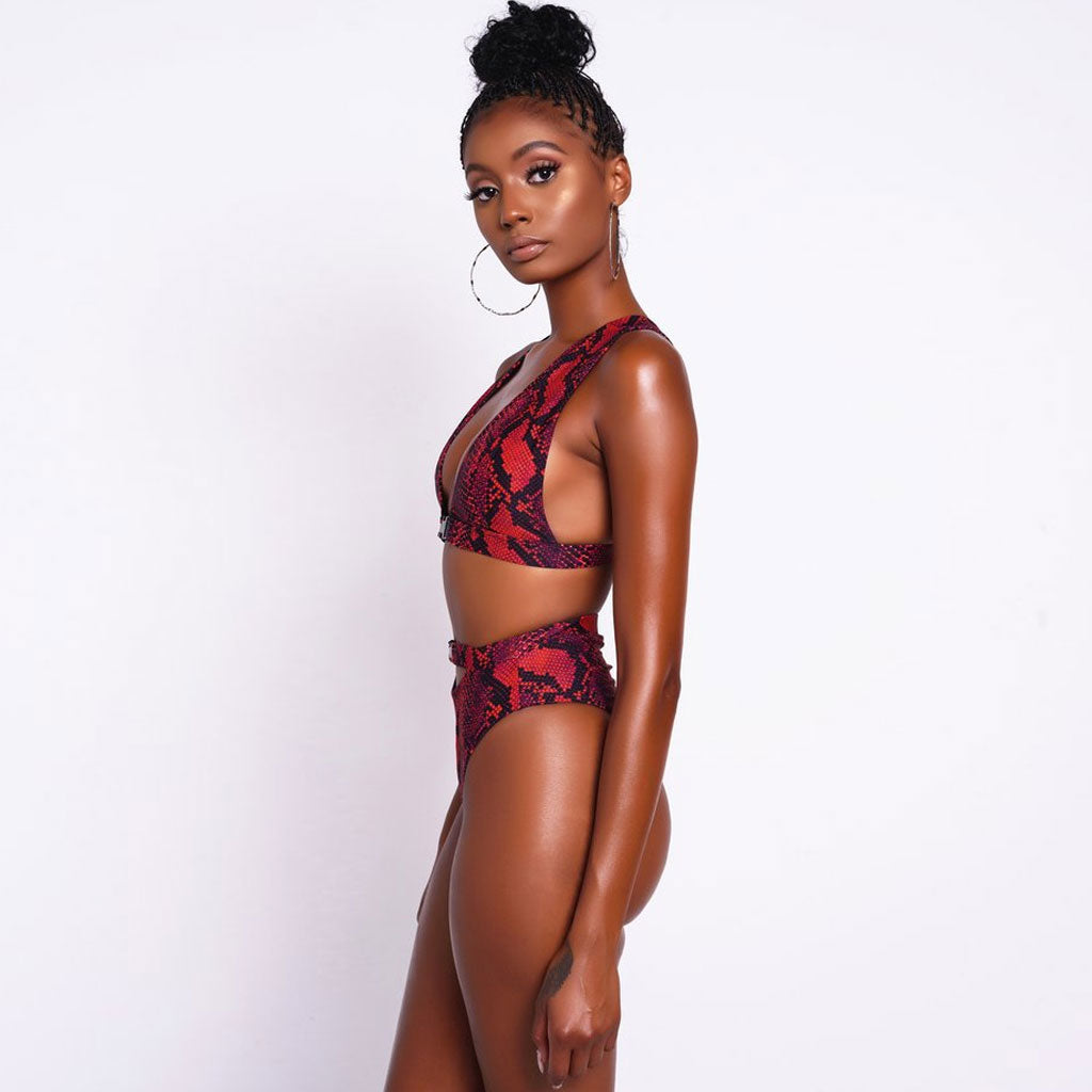 Snake Printed High Waist High Cut Triangle Thong Bikini Set - Red