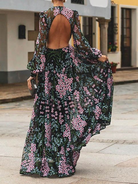 Bare Back Long Sleeve Print Dress