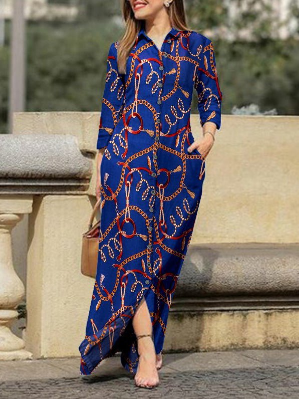 Chain Print Lapel Button Long Sleeve Dress