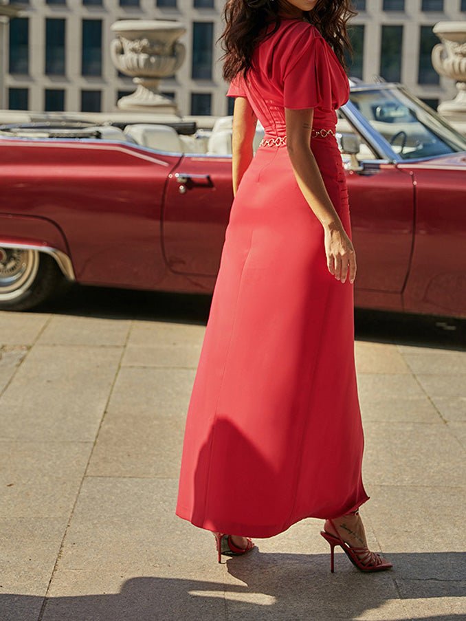 Crew Neck Pleated Slit Maxi Dress