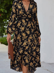 V-Neck Vintage Print Long Sleeve Dress
