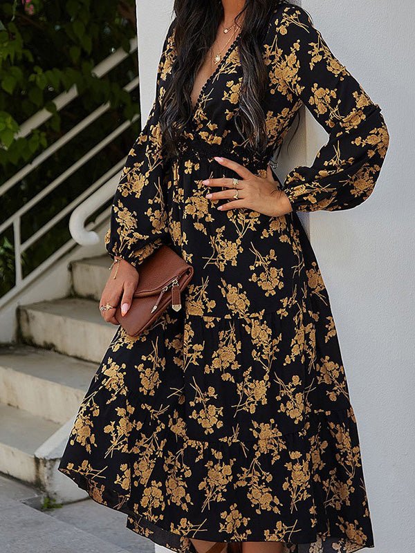 V-Neck Vintage Print Long Sleeve Dress