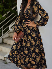 V-Neck Vintage Print Long Sleeve Dress