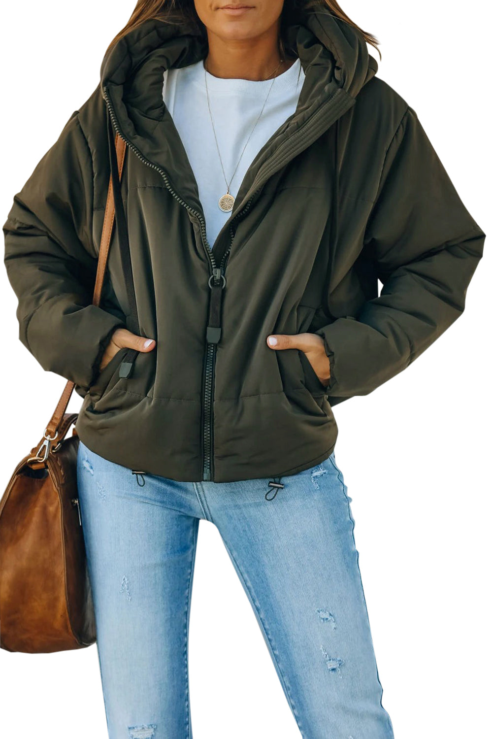 Zipper Hooded Coat With Pocket